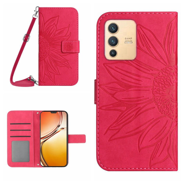 Phone Case For vivo V23 5G, Skin-touch Imprinted Sunflower Shockproof Phone Cover Flip Leather Wallet Stand with Shoulder Strap - Rose