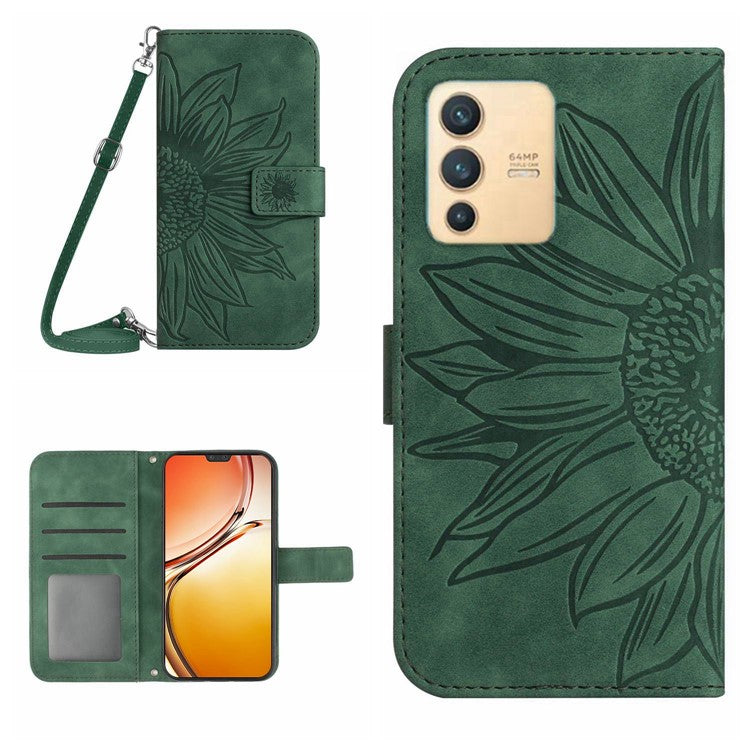 Phone Case For vivo V23 5G, Skin-touch Imprinted Sunflower Shockproof Phone Cover Flip Leather Wallet Stand with Shoulder Strap - Dark Green