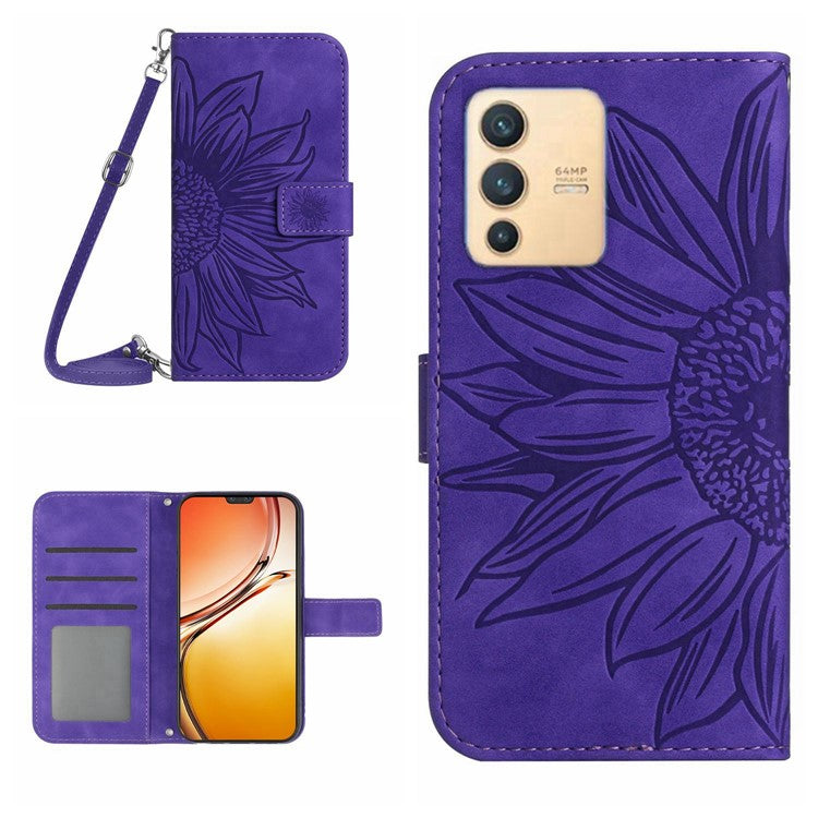 Phone Case For vivo V23 5G, Skin-touch Imprinted Sunflower Shockproof Phone Cover Flip Leather Wallet Stand with Shoulder Strap - Dark Purple