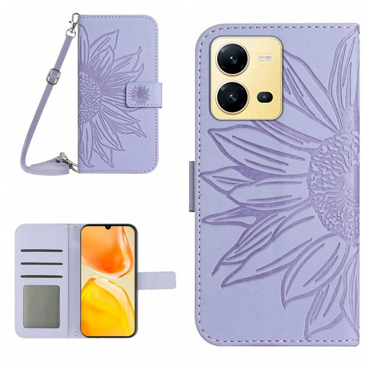 For vivo X80 Lite 5G / V25 5G Skin-touch Imprinted Sunflower Phone Cover PU Leather Wallet Stand Anti-shock Smartphone Case with Shoulder Strap - Light Purple