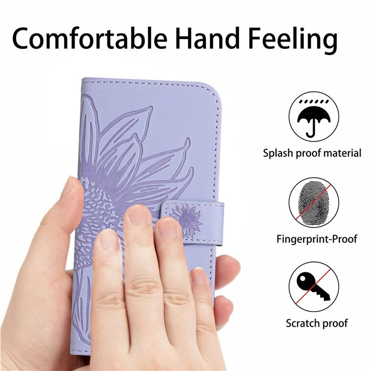 For vivo X80 Lite 5G / V25 5G Skin-touch Imprinted Sunflower Phone Cover PU Leather Wallet Stand Anti-shock Smartphone Case with Shoulder Strap - Light Purple