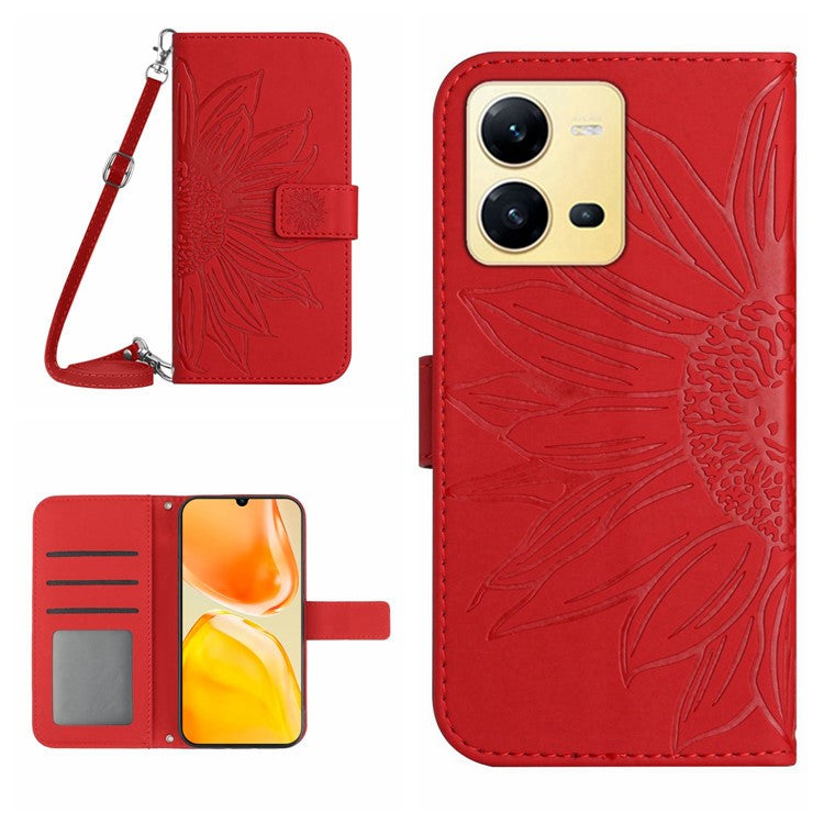 For vivo X80 Lite 5G / V25 5G Skin-touch Imprinted Sunflower Phone Cover PU Leather Wallet Stand Anti-shock Smartphone Case with Shoulder Strap - Red