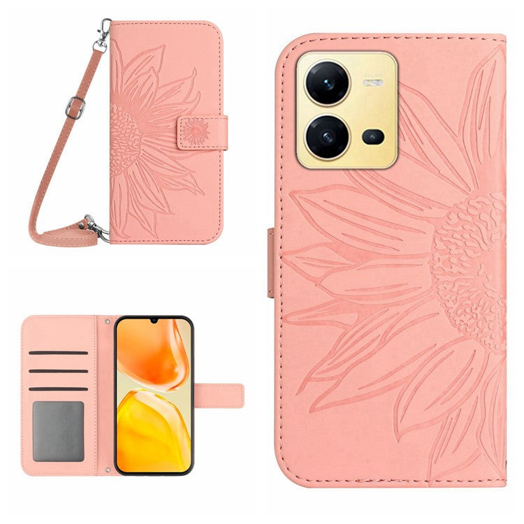 For vivo X80 Lite 5G / V25 5G Skin-touch Imprinted Sunflower Phone Cover PU Leather Wallet Stand Anti-shock Smartphone Case with Shoulder Strap - Light Pink