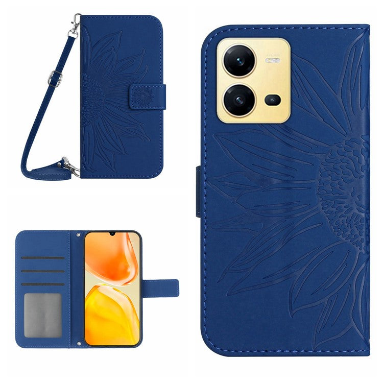 For vivo X80 Lite 5G / V25 5G Skin-touch Imprinted Sunflower Phone Cover PU Leather Wallet Stand Anti-shock Smartphone Case with Shoulder Strap - Sapphire