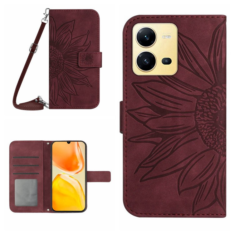 For vivo X80 Lite 5G / V25 5G Skin-touch Imprinted Sunflower Phone Cover PU Leather Wallet Stand Anti-shock Smartphone Case with Shoulder Strap - Wine Red