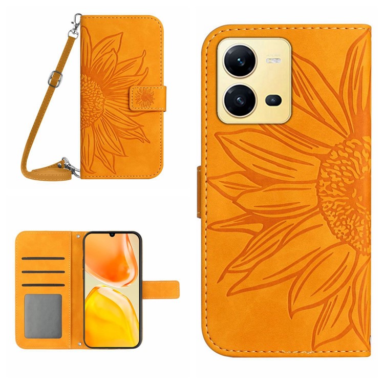 For vivo X80 Lite 5G / V25 5G Skin-touch Imprinted Sunflower Phone Cover PU Leather Wallet Stand Anti-shock Smartphone Case with Shoulder Strap - Yellow