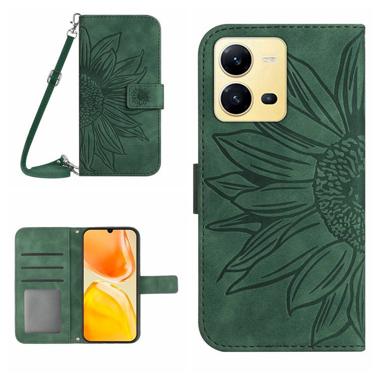 For vivo X80 Lite 5G / V25 5G Skin-touch Imprinted Sunflower Phone Cover PU Leather Wallet Stand Anti-shock Smartphone Case with Shoulder Strap - Dark Green