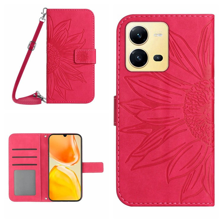 For vivo X80 Lite 5G / V25 5G Skin-touch Imprinted Sunflower Phone Cover PU Leather Wallet Stand Anti-shock Smartphone Case with Shoulder Strap - Rose