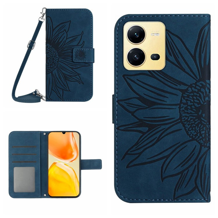 For vivo X80 Lite 5G / V25 5G Skin-touch Imprinted Sunflower Phone Cover PU Leather Wallet Stand Anti-shock Smartphone Case with Shoulder Strap - Dark Blue