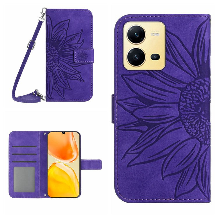 For vivo X80 Lite 5G / V25 5G Skin-touch Imprinted Sunflower Phone Cover PU Leather Wallet Stand Anti-shock Smartphone Case with Shoulder Strap - Dark Purple