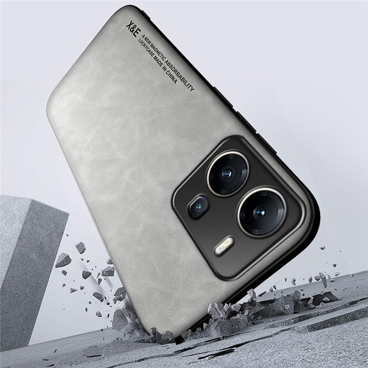 X&E Anti-Drop Slim Case for vivo Y35 4G (2022) PU Leather Coated TPU+PC Cover Skin-touch Phone Case Built-In Metal Sheet - Grey