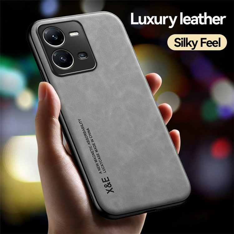 X&E Skin-Touch Phone Case for vivo V25 5G PU Leather TPU+PC Slim Case Anti-Drop Phone Cover Built-In Metal Sheet - Grey