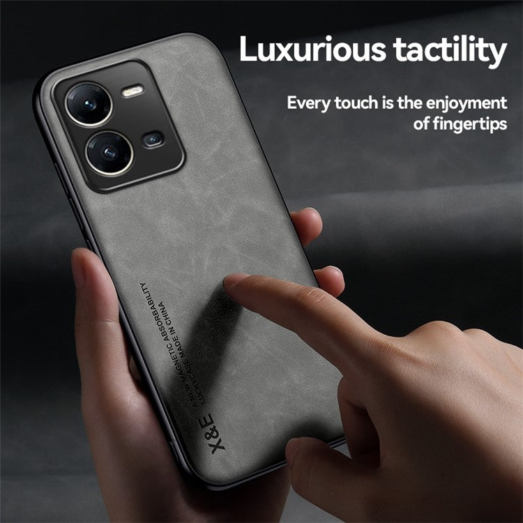 X&E Skin-Touch Phone Case for vivo V25 5G PU Leather TPU+PC Slim Case Anti-Drop Phone Cover Built-In Metal Sheet - Grey