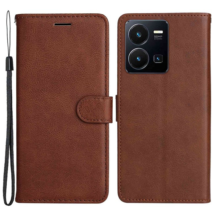 KT Leather Series-2 for vivo Y35 / Y22s 4G / Y22 4G PU Leather Solid Color Phone Case Stand Wallet Design Magnetic Shockproof Cover with Strap - Brown