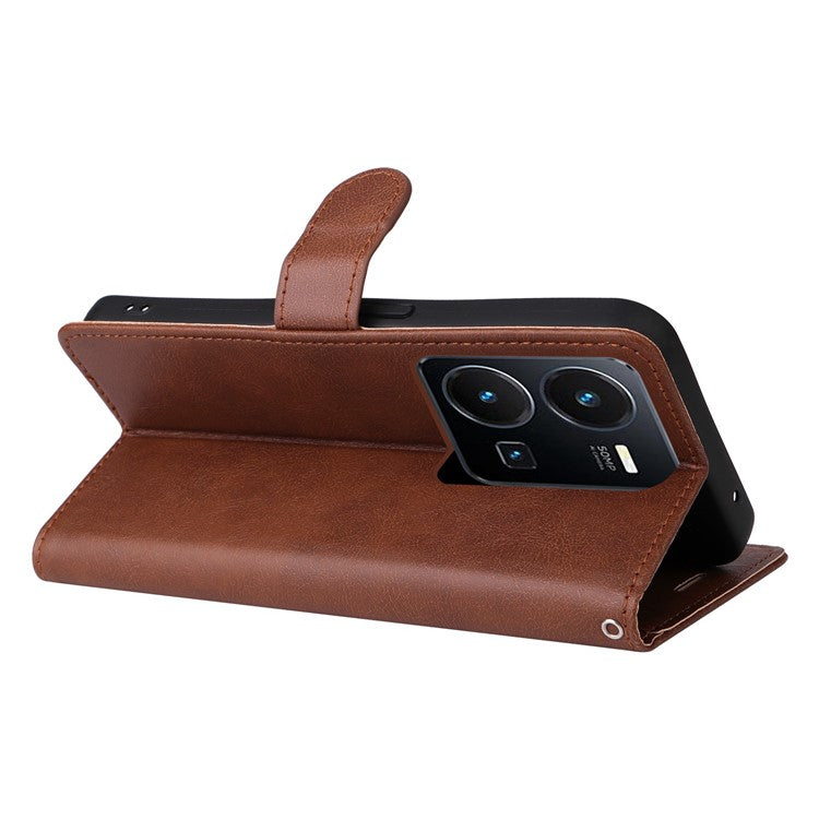 KT Leather Series-2 for vivo Y35 / Y22s 4G / Y22 4G PU Leather Solid Color Phone Case Stand Wallet Design Magnetic Shockproof Cover with Strap - Brown