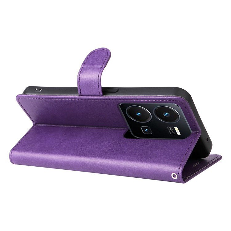 KT Leather Series-2 for vivo Y35 / Y22s 4G / Y22 4G PU Leather Solid Color Phone Case Stand Wallet Design Magnetic Shockproof Cover with Strap - Purple