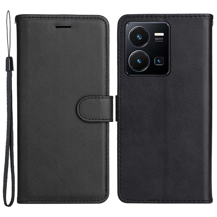 KT Leather Series-2 for vivo Y35 / Y22s 4G / Y22 4G PU Leather Solid Color Phone Case Stand Wallet Design Magnetic Shockproof Cover with Strap - Black