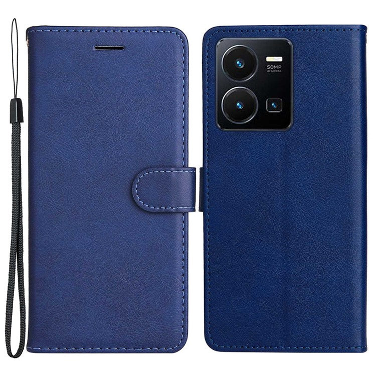 KT Leather Series-2 for vivo Y35 / Y22s 4G / Y22 4G PU Leather Solid Color Phone Case Stand Wallet Design Magnetic Shockproof Cover with Strap - Blue