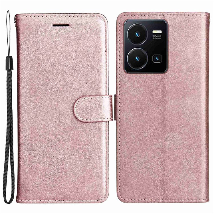 KT Leather Series-2 for vivo Y35 / Y22s 4G / Y22 4G PU Leather Solid Color Phone Case Stand Wallet Design Magnetic Shockproof Cover with Strap - Rose Gold