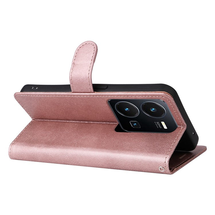 KT Leather Series-2 for vivo Y35 / Y22s 4G / Y22 4G PU Leather Solid Color Phone Case Stand Wallet Design Magnetic Shockproof Cover with Strap - Rose Gold