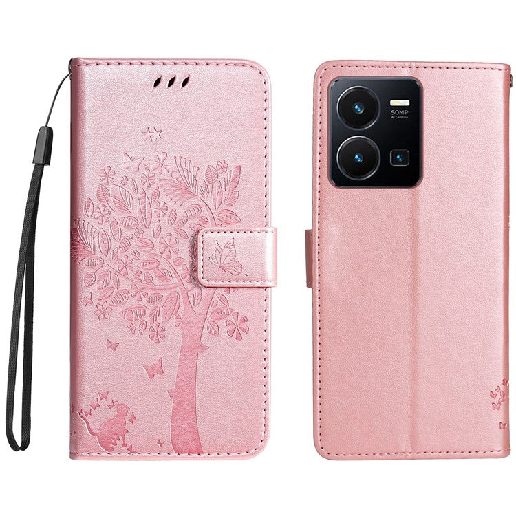 KT Imprinting Flower Series-3 for vivo Y35 / Y22s 4G / Y22 4G Protective Flip Phone Case Imprinted Cat Tree Pattern Wallet Stand Anti-wear PU Leather Phone Cover - Rose Gold