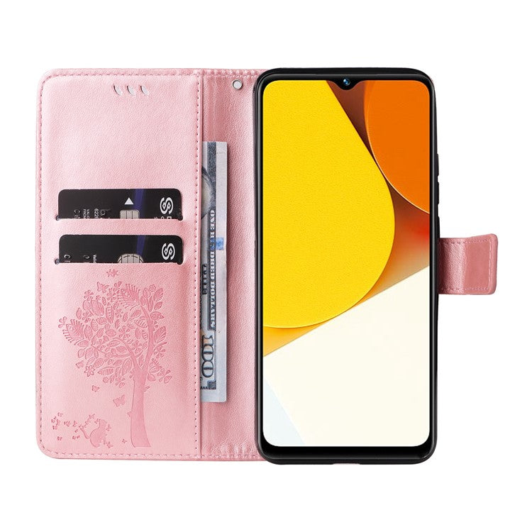 KT Imprinting Flower Series-3 for vivo Y35 / Y22s 4G / Y22 4G Protective Flip Phone Case Imprinted Cat Tree Pattern Wallet Stand Anti-wear PU Leather Phone Cover - Rose Gold