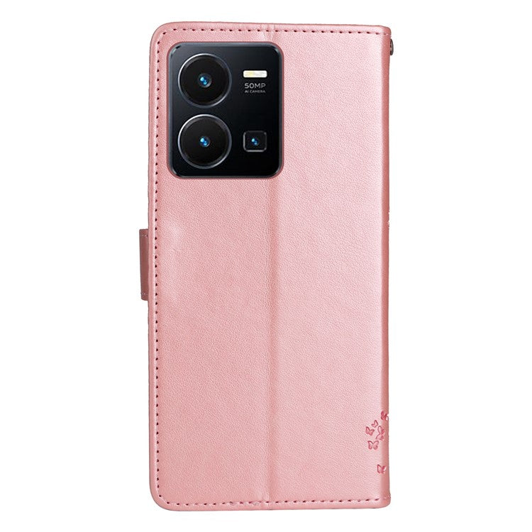 KT Imprinting Flower Series-3 for vivo Y35 / Y22s 4G / Y22 4G Protective Flip Phone Case Imprinted Cat Tree Pattern Wallet Stand Anti-wear PU Leather Phone Cover - Rose Gold