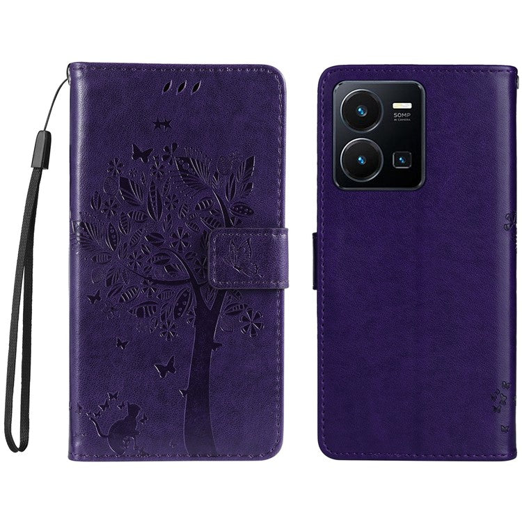 KT Imprinting Flower Series-3 for vivo Y35 / Y22s 4G / Y22 4G Protective Flip Phone Case Imprinted Cat Tree Pattern Wallet Stand Anti-wear PU Leather Phone Cover - Purple