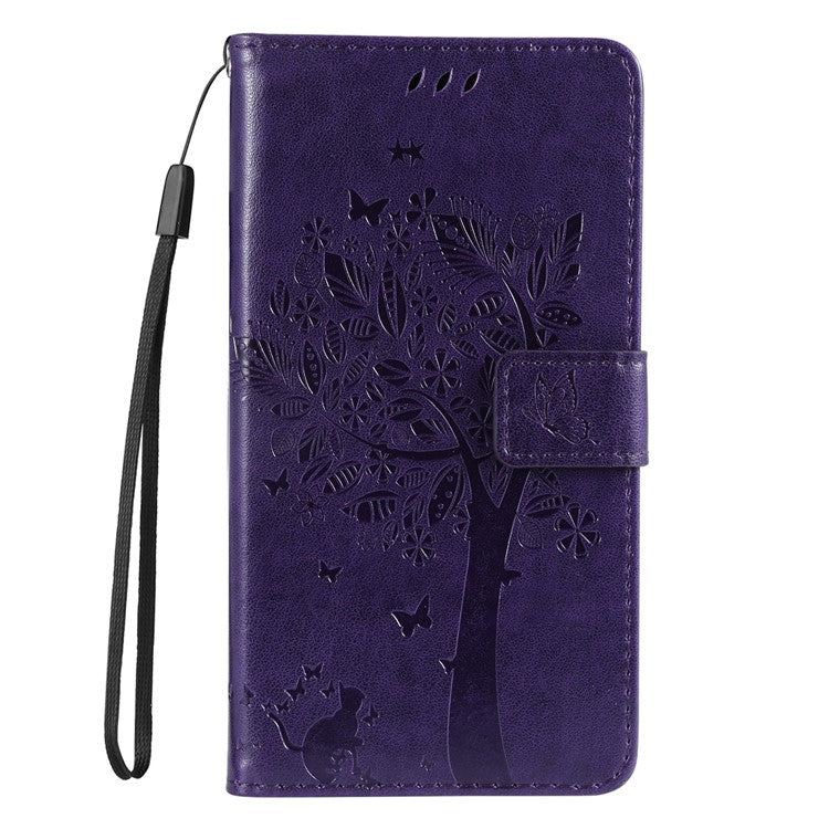 KT Imprinting Flower Series-3 for vivo Y35 / Y22s 4G / Y22 4G Protective Flip Phone Case Imprinted Cat Tree Pattern Wallet Stand Anti-wear PU Leather Phone Cover - Purple