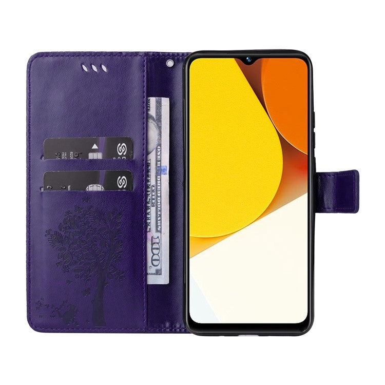 KT Imprinting Flower Series-3 for vivo Y35 / Y22s 4G / Y22 4G Protective Flip Phone Case Imprinted Cat Tree Pattern Wallet Stand Anti-wear PU Leather Phone Cover - Purple