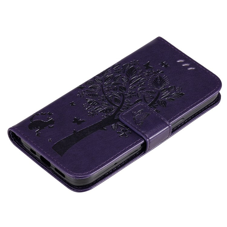 KT Imprinting Flower Series-3 for vivo Y35 / Y22s 4G / Y22 4G Protective Flip Phone Case Imprinted Cat Tree Pattern Wallet Stand Anti-wear PU Leather Phone Cover - Purple