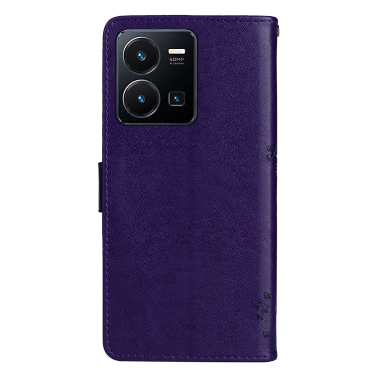 KT Imprinting Flower Series-3 for vivo Y35 / Y22s 4G / Y22 4G Protective Flip Phone Case Imprinted Cat Tree Pattern Wallet Stand Anti-wear PU Leather Phone Cover - Purple