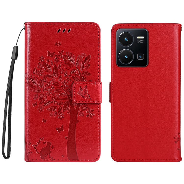 KT Imprinting Flower Series-3 for vivo Y35 / Y22s 4G / Y22 4G Protective Flip Phone Case Imprinted Cat Tree Pattern Wallet Stand Anti-wear PU Leather Phone Cover - Red