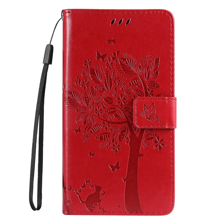 KT Imprinting Flower Series-3 for vivo Y35 / Y22s 4G / Y22 4G Protective Flip Phone Case Imprinted Cat Tree Pattern Wallet Stand Anti-wear PU Leather Phone Cover - Red