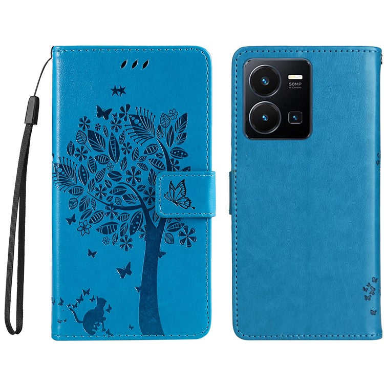 KT Imprinting Flower Series-3 for vivo Y35 / Y22s 4G / Y22 4G Protective Flip Phone Case Imprinted Cat Tree Pattern Wallet Stand Anti-wear PU Leather Phone Cover - Blue