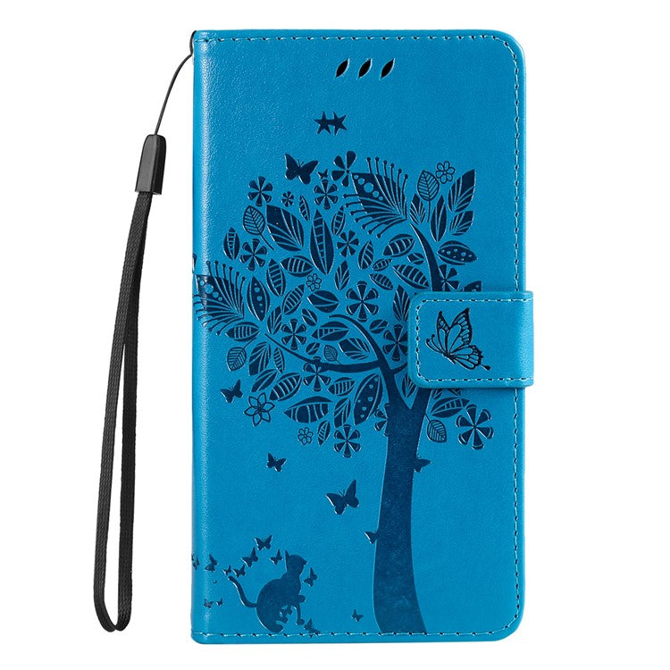 KT Imprinting Flower Series-3 for vivo Y35 / Y22s 4G / Y22 4G Protective Flip Phone Case Imprinted Cat Tree Pattern Wallet Stand Anti-wear PU Leather Phone Cover - Blue