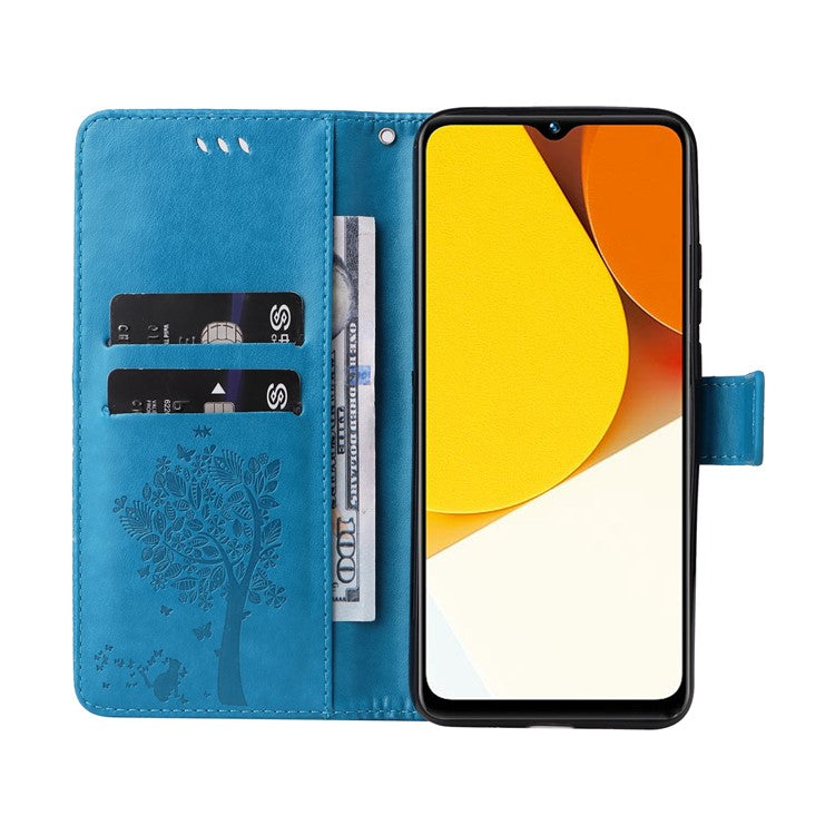 KT Imprinting Flower Series-3 for vivo Y35 / Y22s 4G / Y22 4G Protective Flip Phone Case Imprinted Cat Tree Pattern Wallet Stand Anti-wear PU Leather Phone Cover - Blue