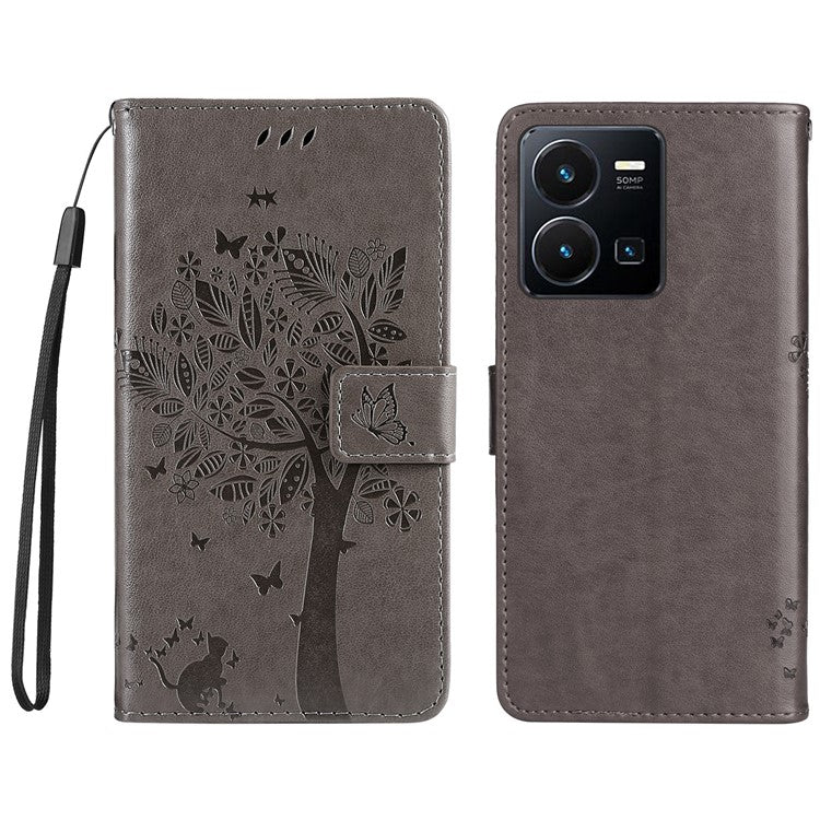 KT Imprinting Flower Series-3 for vivo Y35 / Y22s 4G / Y22 4G Protective Flip Phone Case Imprinted Cat Tree Pattern Wallet Stand Anti-wear PU Leather Phone Cover - Grey