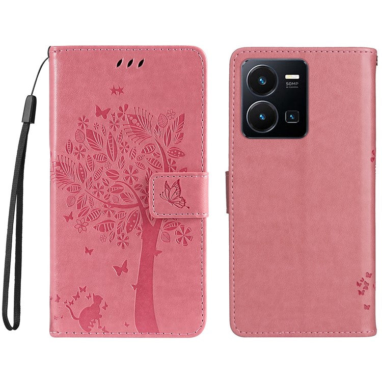 KT Imprinting Flower Series-3 for vivo Y35 / Y22s 4G / Y22 4G Protective Flip Phone Case Imprinted Cat Tree Pattern Wallet Stand Anti-wear PU Leather Phone Cover - Pink