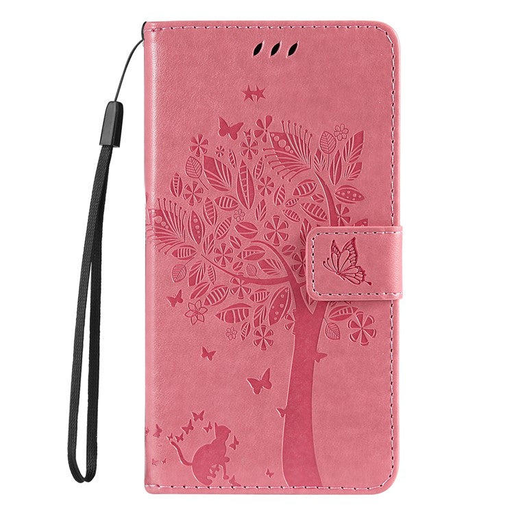 KT Imprinting Flower Series-3 for vivo Y35 / Y22s 4G / Y22 4G Protective Flip Phone Case Imprinted Cat Tree Pattern Wallet Stand Anti-wear PU Leather Phone Cover - Pink