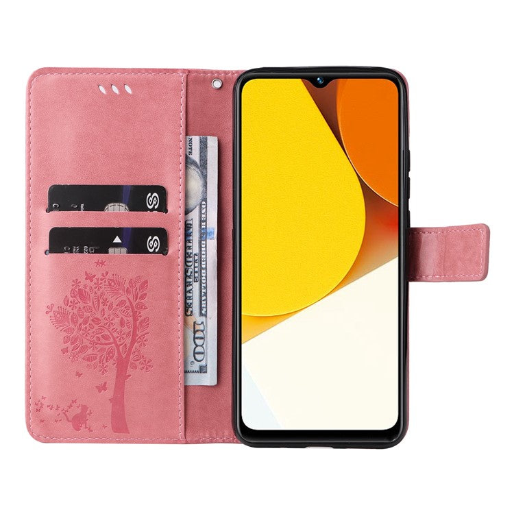 KT Imprinting Flower Series-3 for vivo Y35 / Y22s 4G / Y22 4G Protective Flip Phone Case Imprinted Cat Tree Pattern Wallet Stand Anti-wear PU Leather Phone Cover - Pink