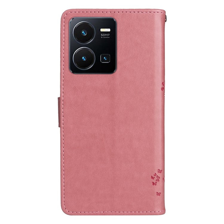 KT Imprinting Flower Series-3 for vivo Y35 / Y22s 4G / Y22 4G Protective Flip Phone Case Imprinted Cat Tree Pattern Wallet Stand Anti-wear PU Leather Phone Cover - Pink