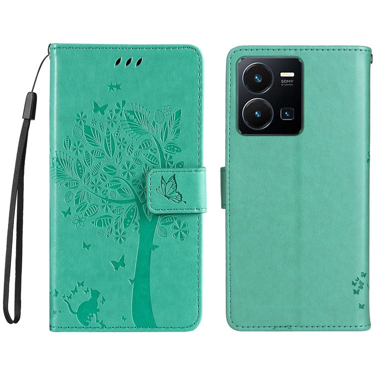 KT Imprinting Flower Series-3 for vivo Y35 / Y22s 4G / Y22 4G Protective Flip Phone Case Imprinted Cat Tree Pattern Wallet Stand Anti-wear PU Leather Phone Cover - Green