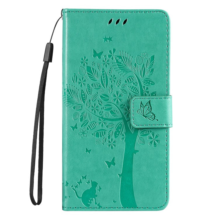 KT Imprinting Flower Series-3 for vivo Y35 / Y22s 4G / Y22 4G Protective Flip Phone Case Imprinted Cat Tree Pattern Wallet Stand Anti-wear PU Leather Phone Cover - Green