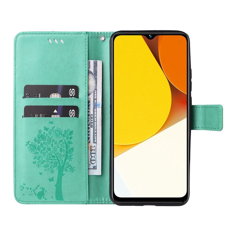 KT Imprinting Flower Series-3 for vivo Y35 / Y22s 4G / Y22 4G Protective Flip Phone Case Imprinted Cat Tree Pattern Wallet Stand Anti-wear PU Leather Phone Cover - Green