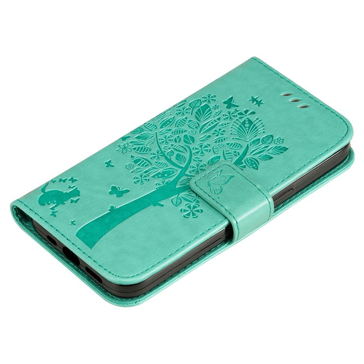 KT Imprinting Flower Series-3 for vivo Y35 / Y22s 4G / Y22 4G Protective Flip Phone Case Imprinted Cat Tree Pattern Wallet Stand Anti-wear PU Leather Phone Cover - Green