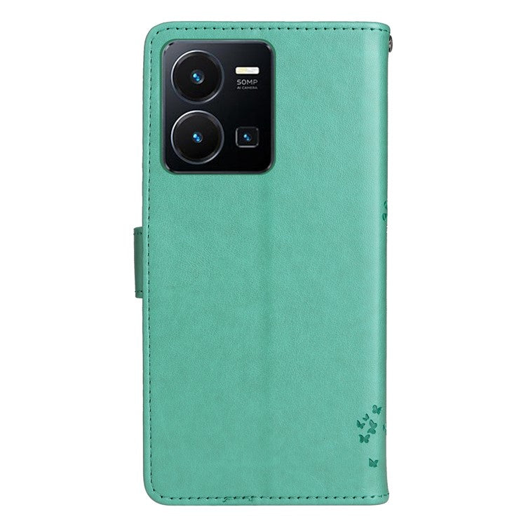 KT Imprinting Flower Series-3 for vivo Y35 / Y22s 4G / Y22 4G Protective Flip Phone Case Imprinted Cat Tree Pattern Wallet Stand Anti-wear PU Leather Phone Cover - Green