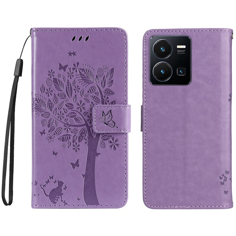 KT Imprinting Flower Series-3 for vivo Y35 / Y22s 4G / Y22 4G Protective Flip Phone Case Imprinted Cat Tree Pattern Wallet Stand Anti-wear PU Leather Phone Cover - Light Purple