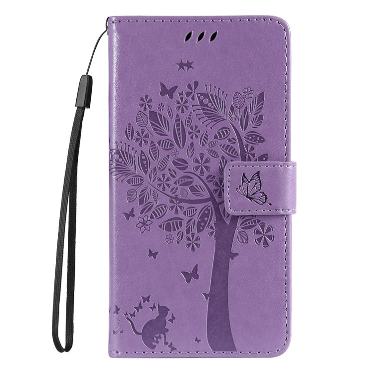 KT Imprinting Flower Series-3 for vivo Y35 / Y22s 4G / Y22 4G Protective Flip Phone Case Imprinted Cat Tree Pattern Wallet Stand Anti-wear PU Leather Phone Cover - Light Purple