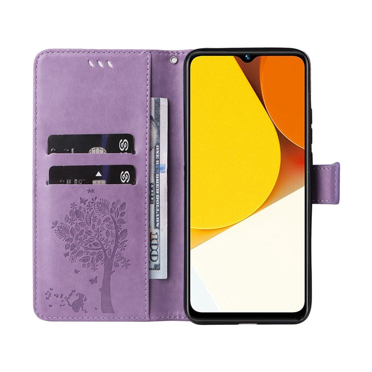 KT Imprinting Flower Series-3 for vivo Y35 / Y22s 4G / Y22 4G Protective Flip Phone Case Imprinted Cat Tree Pattern Wallet Stand Anti-wear PU Leather Phone Cover - Light Purple